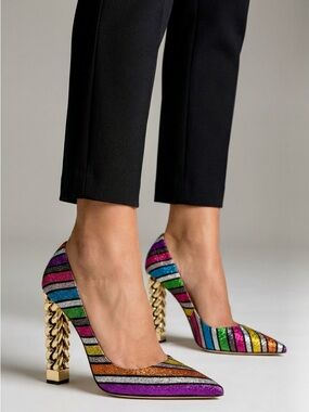 FSJ Rainbow Glitter Stripes Pumps with Gold Sculptural Heel